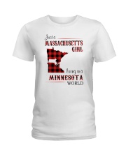 MASSACHUSETTS GIRL LIVING IN MINNESOTA WORLD Ladies T-Shirt tile