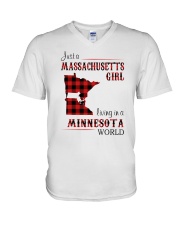 MASSACHUSETTS GIRL LIVING IN MINNESOTA WORLD V-Neck T-Shirt tile