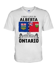 LIVE IN ALBERTA BEGAN IN ONTARIO ROOT V-Neck T-Shirt tile