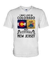 LIVE IN COLORADO BEGAN IN NEW JERSEY V-Neck T-Shirt tile
