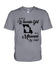 JUST A WISCONSIN GIRL IN A MISSOURI WORLD V-Neck T-Shirt thumbnail