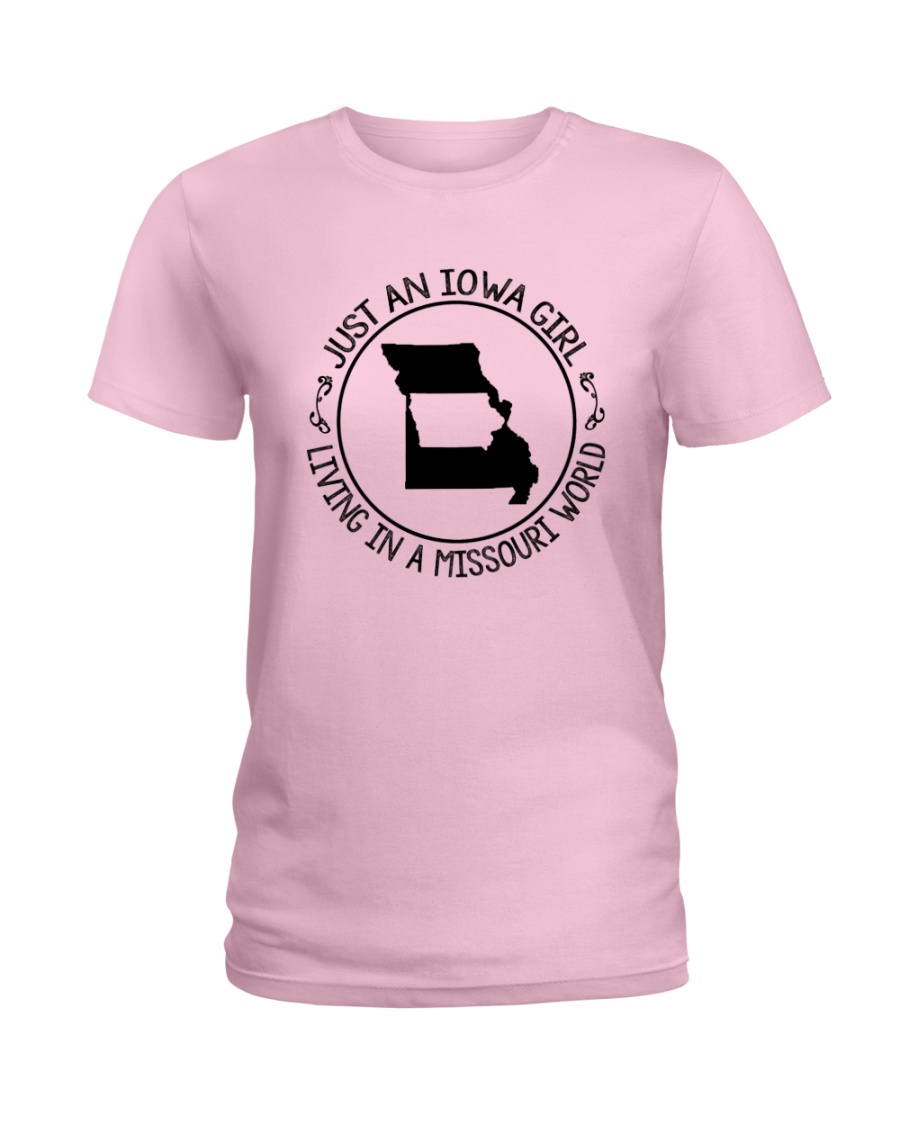 IOWA GIRL LIVING IN A MISSOURI WORLD Ladies T-Shirt