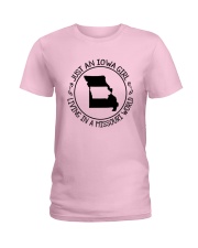IOWA GIRL LIVING IN A MISSOURI WORLD Ladies T-Shirt front
