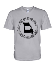 IOWA GIRL LIVING IN A MISSOURI WORLD V-Neck T-Shirt thumbnail