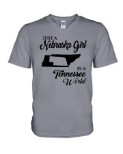 JUST A NEBRASKA GIRL IN A TENNESSEE WORLD V-Neck T-Shirt thumbnail