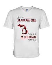 ALABAMA GIRL LIVING IN MICHIGAN WORLD V-Neck T-Shirt tile