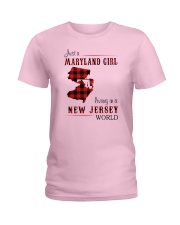 MARYLAND GIRL LIVING IN NEW JERSEY WORLD Ladies T-Shirt tile