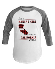 KANSAS GIRL LIVING IN CALIFORNIA WORLD Baseball Tee tile