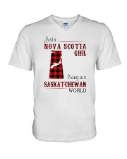 NOVA SCOTIA GIRL LIVING IN SASKATCHEWAN WORLD V-Neck T-Shirt thumbnail