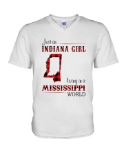INDIANA GIRL LIVING IN MISSISSIPPI WORLD V-Neck T-Shirt thumbnail
