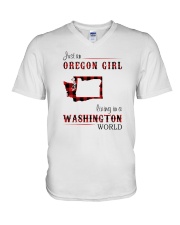 OREGON GIRL LIVING IN WASHINGTON WORLD V-Neck T-Shirt thumbnail