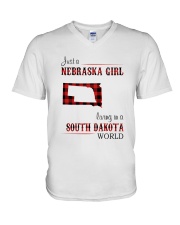 NEBRASKA GIRL LIVING IN SOUTH DAKOTA WORLD V-Neck T-Shirt tile