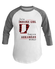 INDIANA GIRL LIVING IN ARKANSAS WORLD Baseball Tee tile