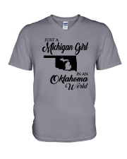 JUST A MICHIGAN GIRL IN AN OKLAHOMA WORLD V-Neck T-Shirt thumbnail
