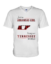 ARKANSAS GIRL LIVING IN TENNESSEE WORLD V-Neck T-Shirt thumbnail