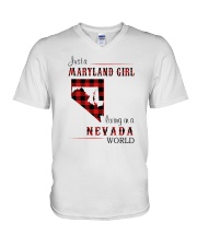 MARYLAND GIRL LIVING IN NEVADA WORLD V-Neck T-Shirt tile