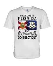 LIVE IN FLORIDA BEGAN IN CONNECTICUT V-Neck T-Shirt tile