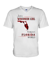 WISCONSIN GIRL LIVING IN FLORIDA WORLD V-Neck T-Shirt thumbnail