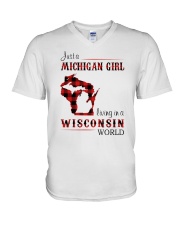 MICHIGAN GIRL LIVING IN WISCONSIN WORLD V-Neck T-Shirt thumbnail