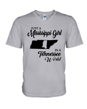 JUST A MISSISSIPPI GIRL IN A TENNESSEE WORLD V-Neck T-Shirt thumbnail