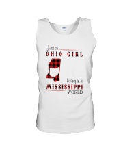 OHIO GIRL LIVING IN MISSISSIPPI WORLD Unisex Tank tile