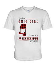 OHIO GIRL LIVING IN MISSISSIPPI WORLD V-Neck T-Shirt tile