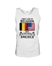 LIVE IN BELGIUM BEGAN IN AMERICA Unisex Tank tile