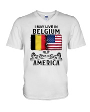 LIVE IN BELGIUM BEGAN IN AMERICA V-Neck T-Shirt tile