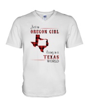 OREGON GIRL LIVING IN TEXAS WORLD V-Neck T-Shirt tile