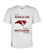 MICHIGAN GIRL LIVING IN NORTH CAROLINA WORLD V-Neck T-Shirt thumbnail