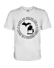 OREGON GIRL LIVING IN MICHIGAN WORLD V-Neck T-Shirt tile