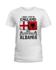 LIVE IN ENGLAND BEGAN IN ALBANIA Ladies T-Shirt tile