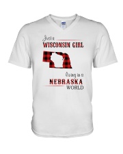 WISCONSIN GIRL LIVING IN NEBRASKA WORLD V-Neck T-Shirt thumbnail
