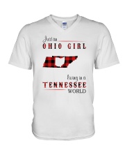 OHIO GIRL LIVING IN TENNESSEE WORLD V-Neck T-Shirt tile
