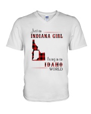 INDIANA GIRL LIVING IN IDAHO WORLD V-Neck T-Shirt thumbnail
