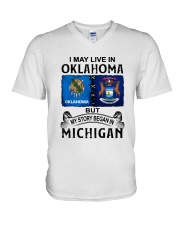 LIVE IN OKLAHOMA BEGAN IN MICHIGAN V-Neck T-Shirt tile