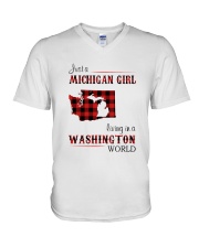 MICHIGAN GIRL LIVING IN WASHINGTON WORLD V-Neck T-Shirt thumbnail