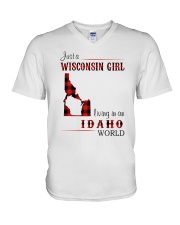 WISCONSIN GIRL LIVING IN IDAHO WORLD V-Neck T-Shirt thumbnail