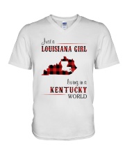 LOUISIANA GIRL LIVING IN KENTUCKY WORLD V-Neck T-Shirt tile