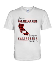 OKLAHOMA GIRL LIVING IN CALIFORNIA WORLD V-Neck T-Shirt tile