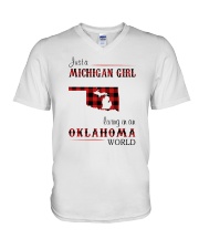MICHIGAN GIRL LIVING IN OKLAHOMA WORLD V-Neck T-Shirt thumbnail