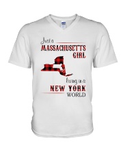 MASSACHUSETTS GIRL LIVING IN NEW YORK WORLD V-Neck T-Shirt thumbnail