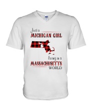 MICHIGAN GIRL LIVING IN MASSACHUSETTS WORLD V-Neck T-Shirt thumbnail