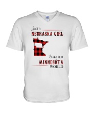 NEBRASKA GIRL LIVING IN MINNESOTA WORLD V-Neck T-Shirt tile