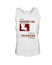LOUISIANA GIRL LIVING IN COLORADO WORLD Unisex Tank tile