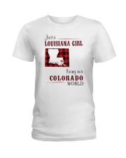 LOUISIANA GIRL LIVING IN COLORADO WORLD Ladies T-Shirt tile
