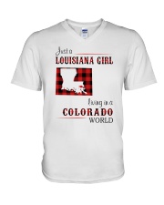 LOUISIANA GIRL LIVING IN COLORADO WORLD V-Neck T-Shirt tile
