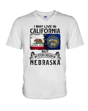 LIVE IN CALIFORNIA BEGAN IN NEBRASKA V-Neck T-Shirt tile