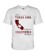 TEXAS GIRL LIVING IN CALIFORNIA WORLD V-Neck T-Shirt tile