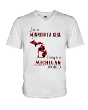 MINNESOTA GIRL LIVING IN MICHIGAN WORLD V-Neck T-Shirt tile